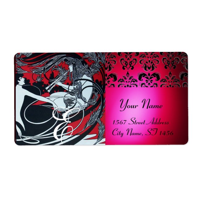 ART NOUVEAU RED BLACK GOLD DAMASK MONOGRAM ,ruby Label (Front)