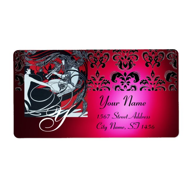 ART NOUVEAU RED BLACK GOLD DAMASK MONOGRAM ,ruby Label (Front)