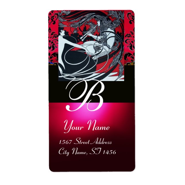 ART NOUVEAU RED BLACK GOLD DAMASK MONOGRAM ,ruby Label (Front)