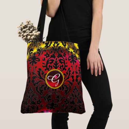 ART NOUVEAU RED BLACK GOLD DAMASK MONOGRAM TOTE BAG