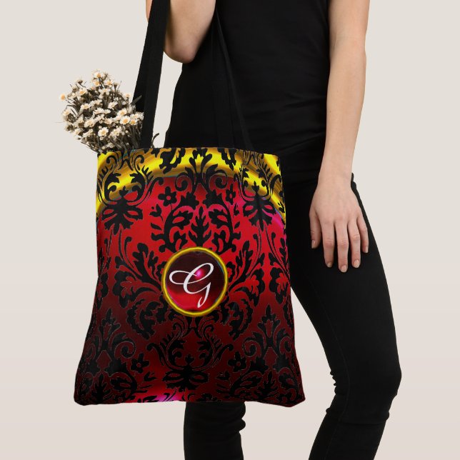 ART NOUVEAU RED BLACK GOLD DAMASK MONOGRAM TOTE BAG (Close Up)