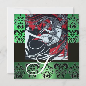 Art Nouveau Red Black Green White Damask Monogram Invitation by bulgan_lumini at Zazzle