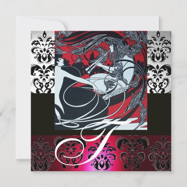 ART NOUVEAU RED BLACK GREY WHITE DAMASK MONOGRAM INVITATION (Front)