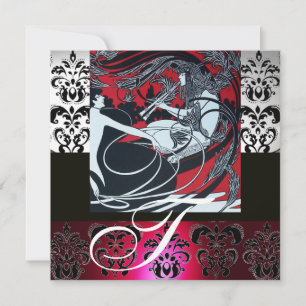 ART NOUVEAU RED BLACK GREY WHITE DAMASK MONOGRAM INVITATION
