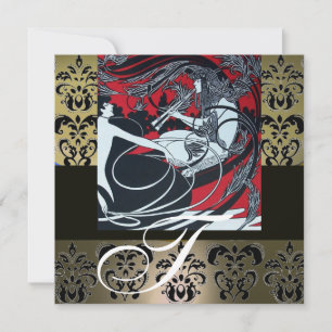 ART NOUVEAU RED BLACK GREY WHITE DAMASK MONOGRAM INVITATION