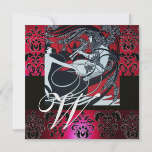ART NOUVEAU RED BLACK ICE DAMASK MONOGRAM ,Ruby Invitation