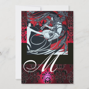 ART NOUVEAU RED BLACK WHITE DAMASK MONOGRAM, Ruby Invitation