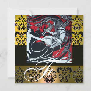 ART NOUVEAU RED BLACK YELLOW WHITE DAMASK MONOGRAM INVITATION