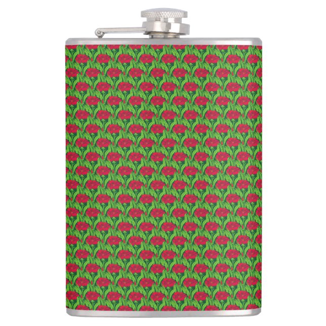 Art Nouveau red Carnations floral damask Flask (Front)