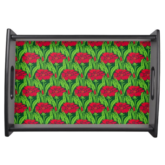 Art Nouveau red Carnations floral damask Serving Tray (Front)