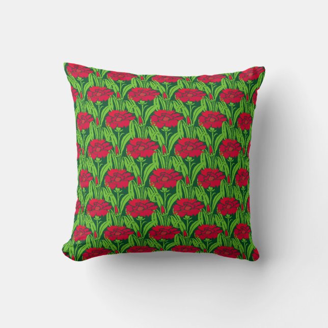 Art Nouveau red Carnations floral damask Throw Pillow (Front)