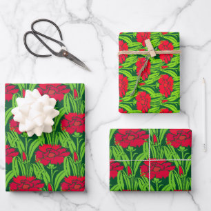 Art Nouveau red Carnations floral damask Wrapping Paper Sheets