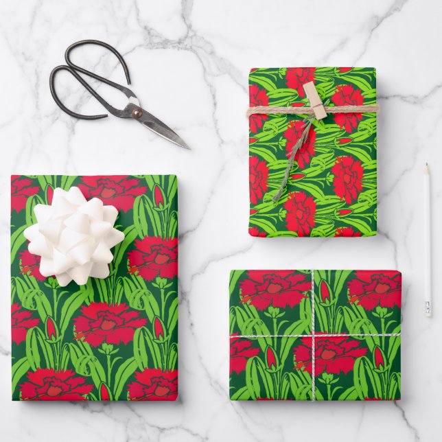 Art Nouveau red Carnations floral damask Wrapping Paper Sheets (Front)