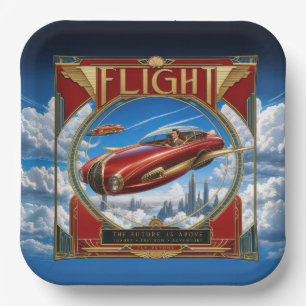 Art Nouveau Red Flying Car Paper Plates
