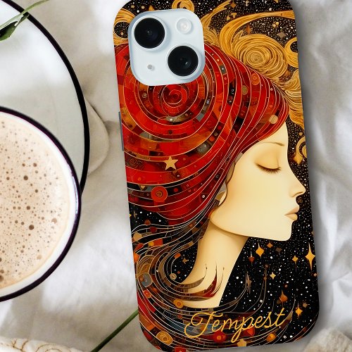 Art Nouveau Red Gold Cosmic Mosaic Personalized  iPhone 15 Case