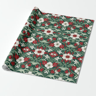 Art Nouveau Red Green White Christmas Wrapping Paper