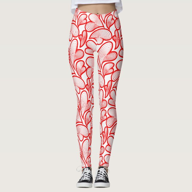 Art Nouveau Red Hearts Foliage Leggings (Front)