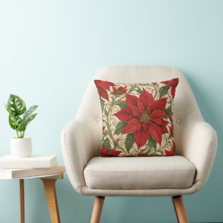 Art Nouveau Red Poinsettia Christmas Decorative  Throw Pillow