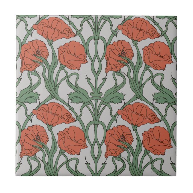 Art Nouveau Red Poppy Floral Print Ceramic Tile (Front)