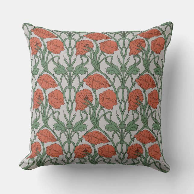 Art Nouveau Red Poppy Floral Print Throw Pillow (Front)