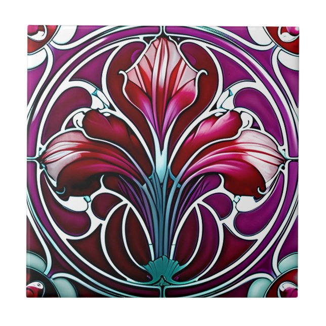 Art Nouveau Red Purple Stylized Lily 2 Ceramic Tile (Front)