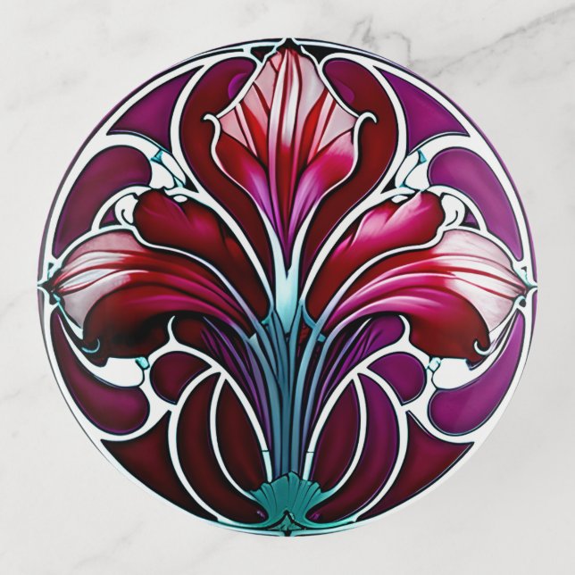 Art Nouveau Red Purple Stylized Lily 2 Trinket Tray (Front)