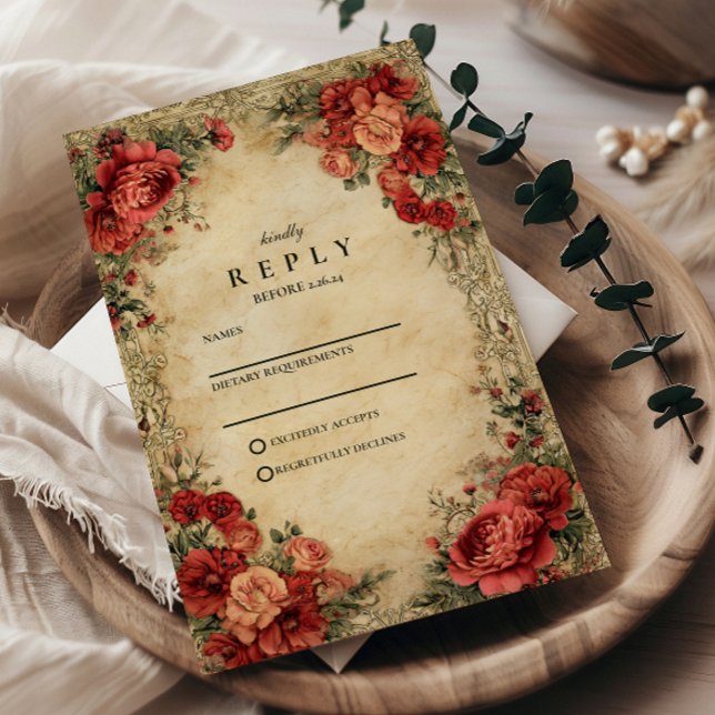 Art Nouveau Red Rose Wedding RSVP Card (Creator Uploaded)