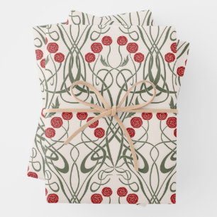 Art Nouveau Red Roses and Sinuous Stems Wrapping Paper Sheets