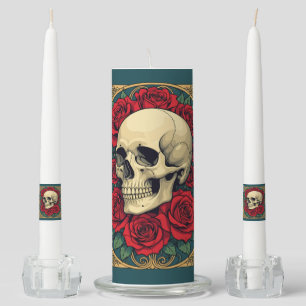 Art Nouveau Red Roses And Skeletal Skull Unity Candle Set