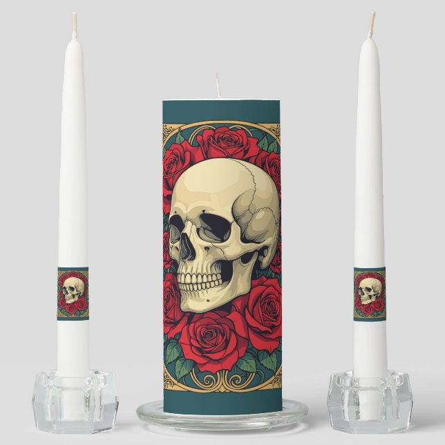 Art Nouveau Red Roses And Skeletal Skull Unity Candle Set (Front)