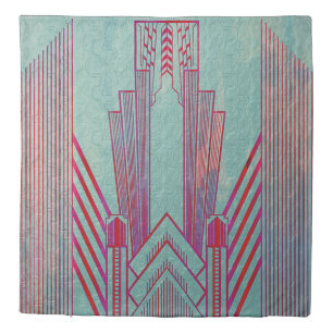 Art nouveau, red, teal, green,vintage,art deco,ele duvet cover