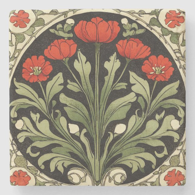 Art Nouveau Red Tulip Stone Coaster (Front)