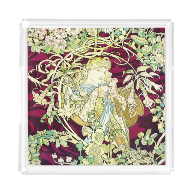 Art Nouveau Repro Beautiful Woman with Daisy  Acrylic Tray (Front)