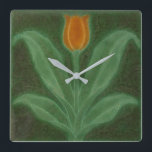 Art Nouveau Reproduction Orange Tulip on Green   Square Wall Clock<br><div class="desc">Adapted from an image of an antique botanical tile design is this cool art nouveau reproduction of a pretty orange tulip with big green leaves on a dark green background. Original image courtesy of Smithsonian open access collections.</div>