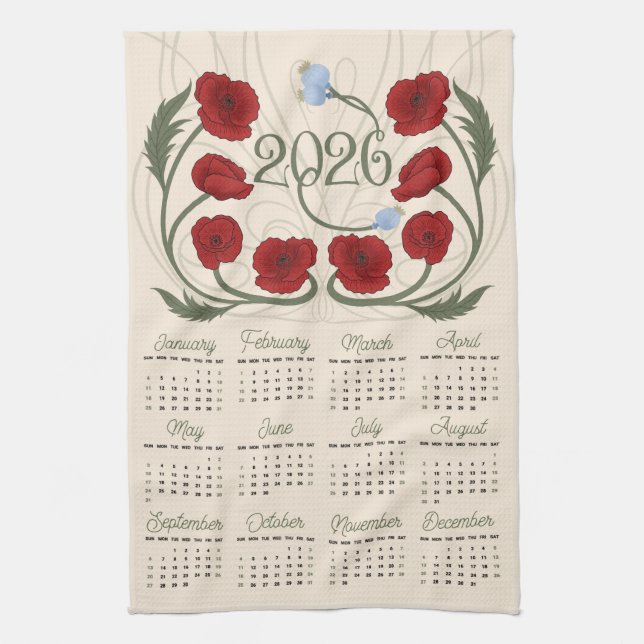 Art Nouveau Retro Floral Red Poppy 2026 Calendar Kitchen Towel (Vertical)