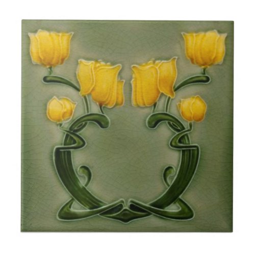 Art Nouveau Richards Yellow Tulips on Green Repro Ceramic Tile