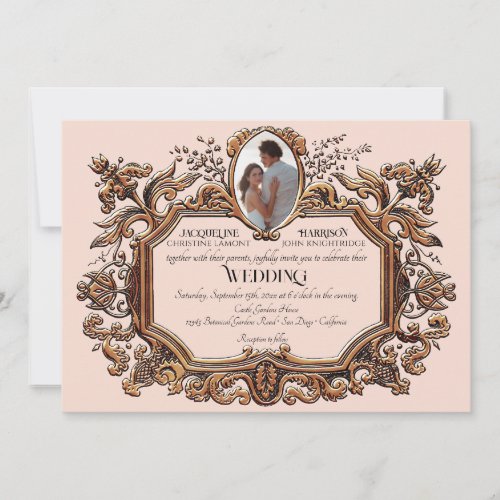 Art Nouveau Rococo Elegant Gold Pink Photo Wedding Invitation