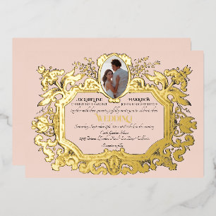 Art Nouveau Rococo Elegant Photo Pink Wedding Foil Invitation