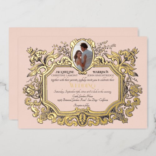 Art Nouveau Rococo Elegant Photo Pink Wedding Foil Invitation
