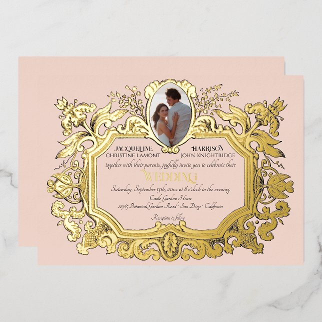 Art Nouveau Rococo Elegant Photo Pink Wedding Foil Invitation (Front/Back)