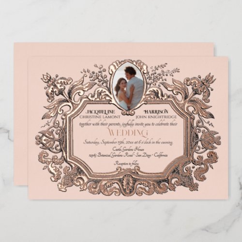Art Nouveau Rococo Elegant Photo Rose Gold Wedding Foil Invitation