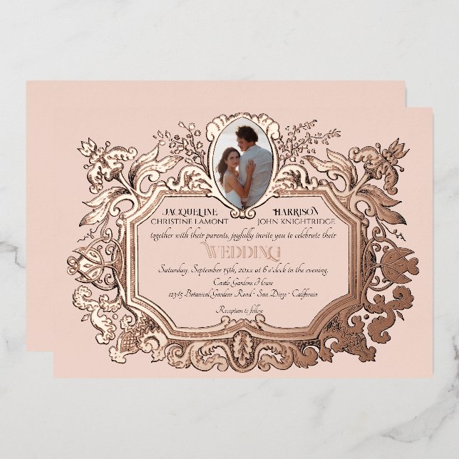 Art Nouveau Rococo Elegant Photo Rose Gold Wedding Foil Invitation (Front/Back)