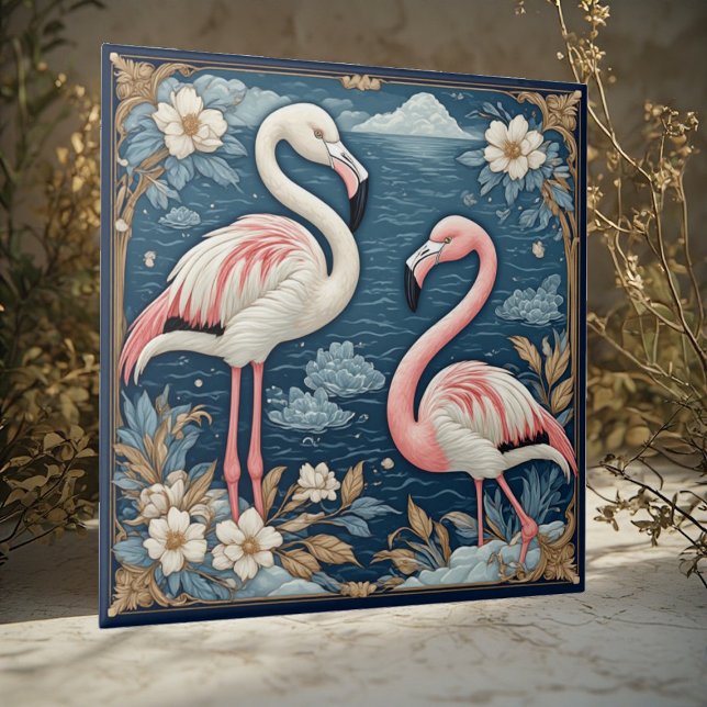 Art Nouveau Romantic Flamingo Couple Floral Motifs Ceramic Tile (Art Nouveau Romantic Flamingo Couple Floral Motifs Ceramic Tile)