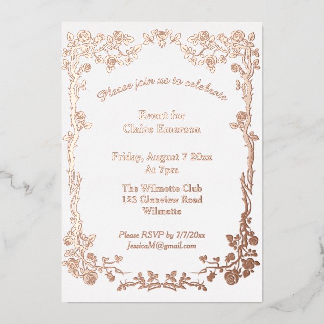 Art nouveau rose gilded foil invitation (Front)