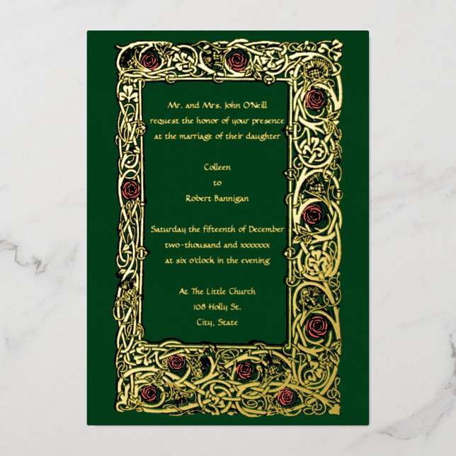 Art Nouveau Rose Vine & Clover Border Wedding Foil Invitation (Front)