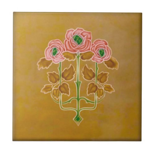 Art Nouveau Roses on Caramel Antique Reproduction Ceramic Tile