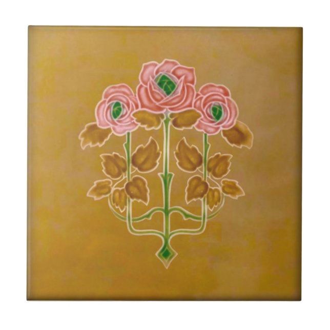 Art Nouveau Roses on Caramel Antique Reproduction Ceramic Tile (Front)
