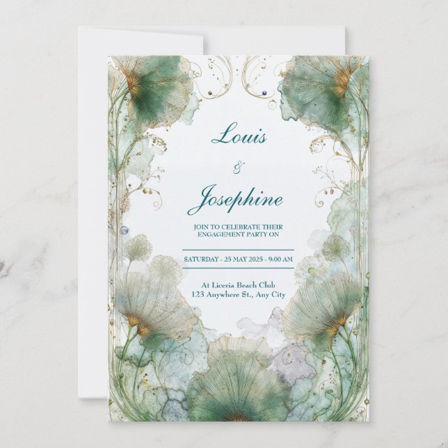 Art Nouveau Sea Green Gold Ginkgo Leaf Wedding Invitation (Front)