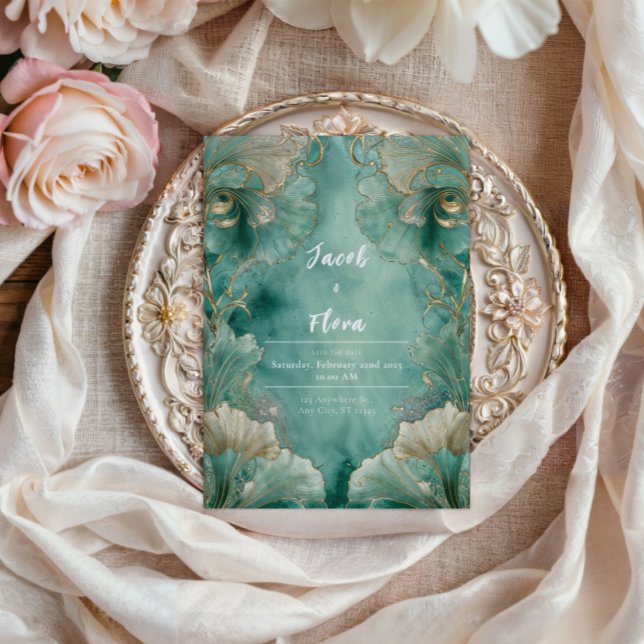 Art Nouveau Seafoam Gold Ginkgo Leaf Wedding Invitation (Creator Uploaded)