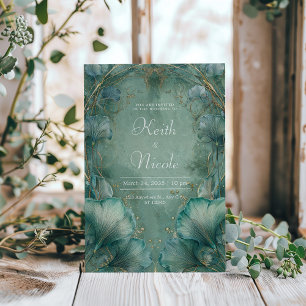 Art Nouveau Seafoam Gold Ginkgo Leaf Wedding Invitation